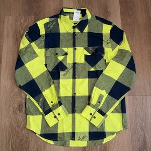HUF Worldwide Plaid Flannel Shirt Mens Medium Neon Yellow Blue Streetwear New